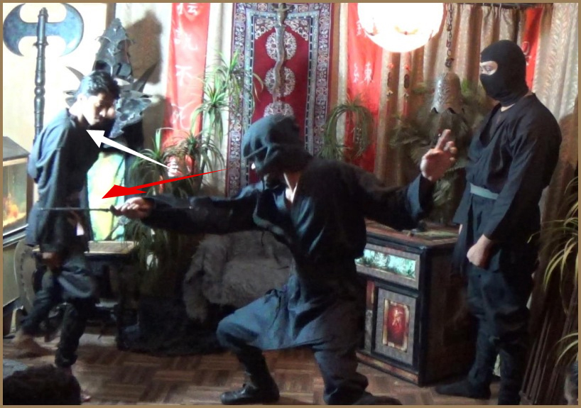 A ninja uses a back step evasion to dodge or evade a blade weapon cut to the body